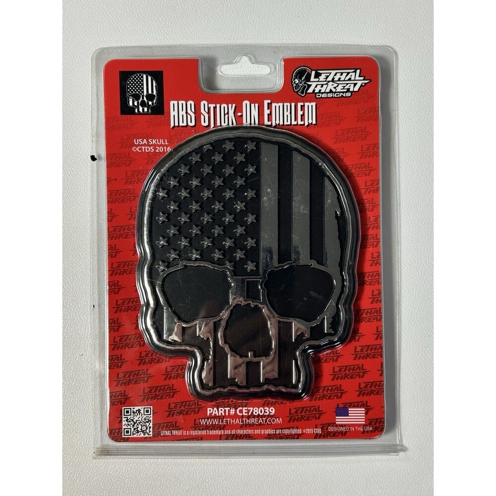 Lethal Threat USA Skull ABS Stick-On Truck Emblem Black Silver Flag 5”